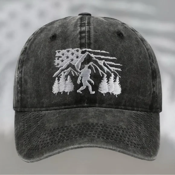 🆕 Unisex Retro Washed Baseball Cap Embroidered Sasquatch Bigfoot USA Flag - Picture 2 of 11